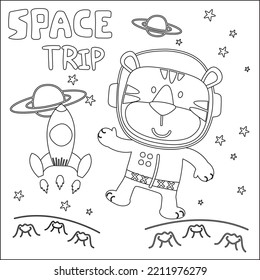 Vector illustration of cute cartoon astronauts little tiger in space, Childish design for kids activity colouring book or page.