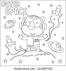 Vector illustration of cute cartoon astronauts little tiger in space, Childish design for kids activity colouring book or page.