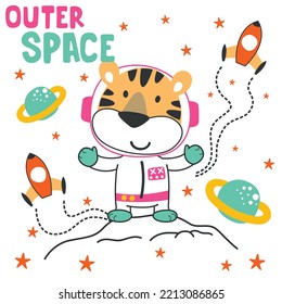 Vector illustration of cute cartoon astronauts little tiger in space, suitable for stickers and t shirts kids baby, t shirt print design, fashion graphic and other decoration.
