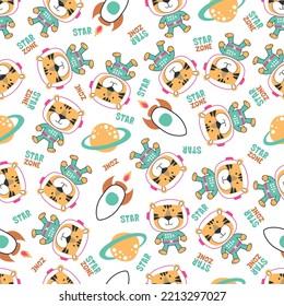 Vector illustration of cute cartoon astronauts little tiger in space, Can be used for t-shirt print, Creative vector childish background for fabric textile, nursery wallpaper and other decoration.