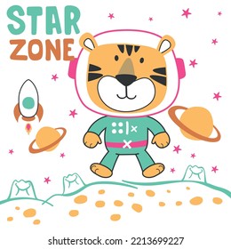 Vector illustration of cute cartoon astronauts little tiger in space, suitable for stickers and t shirts kids baby, t shirt print design, fashion graphic and other decoration.