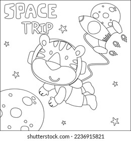 Vector illustration of cute cartoon astronauts little tiger in space, Childish design for kids activity colouring book or page.