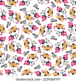 Vector illustration of cute cartoon astronauts little tiger in space, Can be used for t-shirt print, Creative vector childish background for fabric textile, nursery wallpaper and other decoration.