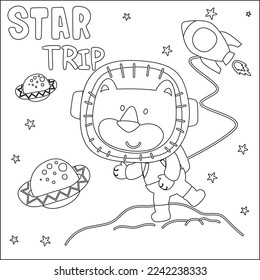 Vector illustration of cute cartoon astronauts little lion in space, Childish design for kids activity colouring book or page.