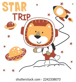 Vector illustration of cute cartoon astronauts little lion in space, Childish design for kids activity colouring book or page.