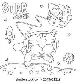 Vector illustration of cute cartoon astronauts little tiger in space, Childish design for kids activity colouring book or page.