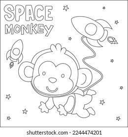 Vector illustration of cute cartoon astronauts little monkey in space, Childish design for kids activity colouring book or page.