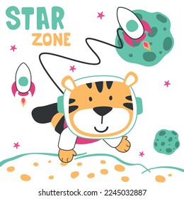 Vector illustration of cute cartoon astronauts little tiger in space, Childish design for kids activity colouring book or page.