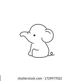 Vector illustration cute cartoon baby elephant. Contour black outline drawing of small elephant for tattoo, print, pattern, children coloring page.