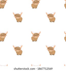 Vector illustration with cute cartoon baby bull on white background. Isolated. Seamless pattern on flat background.