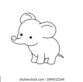Vector Illustration Cute Cartoon Baby Elephant. Contour Colorless Black Outline Drawing Of Small Elephant For Tattoo, Print, Pattern, Children Coloring Page.