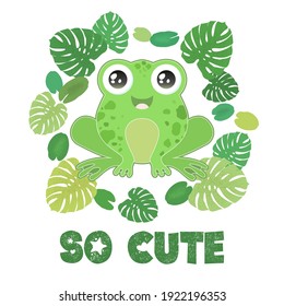 Vector illustration with cute cartoon baby frog and lettering So cute isolated on white background. Design for t-shirt print, fabric, wallpaper, card