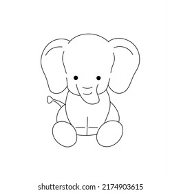 Vector Illustration Cute Cartoon Baby Elephant. Contour Black Outline Drawing Of Small Elephant For Tattoo, Print, Pattern, Children Coloring Page.