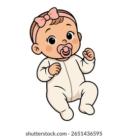 Ilustração vetorial de uma linda menina de desenhos animados com uma bandana e chupeta rosa, usando um lenço de cor clara, deita-se nas costas dela.