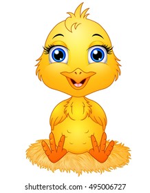 Vector illustration of  Cute cartoon baby chicken sitting a nest 