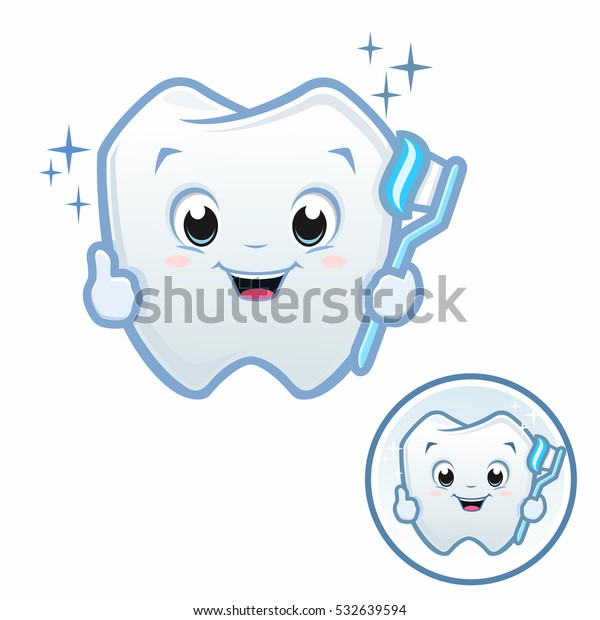 Vector illustration of cute cartoon baby tooth holding toothbrush with ...