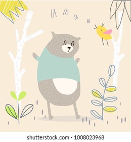 Vector illustration of cute cartoon bear wearing blue shirt in the forest with a bird singing in spring, summer time. Graphic elements for kids. Childish hand drawn bear. Cover, wallpaper, fabric.