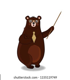 Vector illustration of cute cartoon bear teacher character in glasses and tie holding pointer isolated on white background. Back to school or teachers day presentation concept clip art.