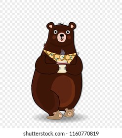 Vector illustration of cute cartoon bear character in slippers and necktie, holding cup with hot drink isolated on transparent background. Illustration, clip art for greeting card design.