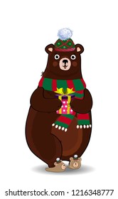 Vector illustration of cute cartoon bear character in green knitted hat and scarf holding gift box isolated on white background. Clip art for greeting card, flyer, invitation, element for design.
