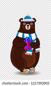 Vector illustration of cute cartoon bear character in blue santa hat and knitted scarf holding gift box on transparent background. Clip art for greeting card, flyer, invitation, element for design.