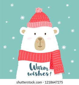 Vector illustration of cute cartoon bear in warm hat and scarf with hand written lettering - Warm Wishes - for placards, t-shirt prints, greeting  christmas cards.