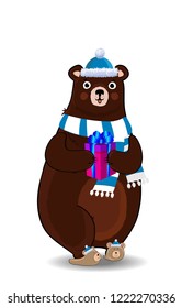 Vector illustration of cute cartoon bear character in blue santa hat and knitted scarf holding gift box isolated on white background. Clip art for greeting card, flyer, invitation, element for design.