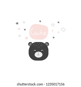 Vector illustration with a cute cartoon bear and the word ''Cute'', perfect for baby shower, greeting cards, invitations, etc.