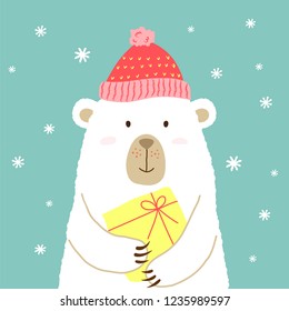 Vector illustration of cute cartoon bear in warm hat with gift in hands for placards, t-shirt prints, greeting cards.