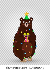 Vector illustration of cute cartoon bear character in funny hat and garland lights holding festive gift box isolated on transparent background. Christmas, new year clip art, element for greeting card.