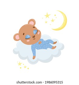 Imagen vectorial de un lindo oso de dibujos animados durmiendo en una nube. Los animales bebés están durmiendo.