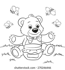 Vector illustration of cute cartoon bear with honey and bees for coloring book