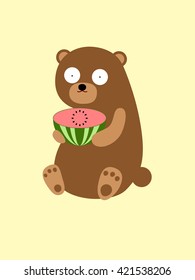 Vector Illustration: A cute cartoon bear in summer holiday, with a half watermelon in his hands