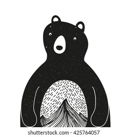 Vector illustration with cute cartoon bear. Mountains inside. Black and white vintage style print  design, home decoration poster