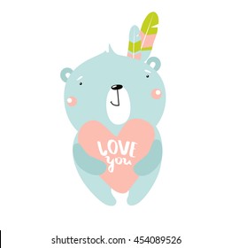 vector illustration of a cute cartoon bear and heart "love you." It is possible to have use as a poster, postcard invitation.