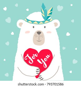 Vector illustration of cute cartoon bear holding heart and hand written lettering For You for valentines card,  placards, t-shirt prints, greeting cards. Valentines day greeting.