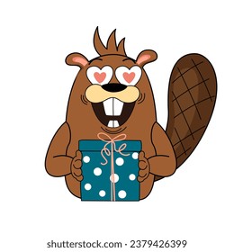 Vector illustration of a cute cartoon beaver in love with a gift on a white background. Pictures for children's design, nursery, postcards, books, stickers, print for clothes