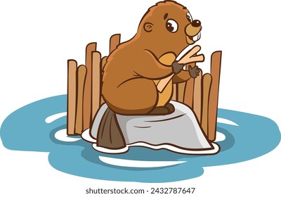 Vector illustration of cute cartoon beaver sitting on a rock.