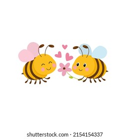 Vector illustration of cute cartoon bee, flower and heart sign symbol on white background.
