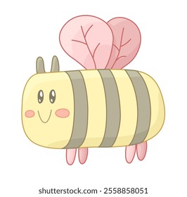 Vector illustration of cute cartoon bee with pink wings and yellow stripes