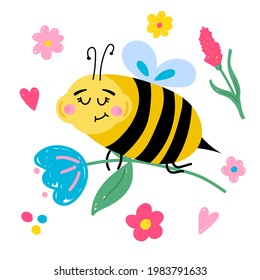 Vektorgrafik mit süßen Cartoons und Blumen auf weißem Hintergrund. Kindergrafik mit Bienen für Aufkleber, Plakate, Postkarten, Verpackung, Kleidung.