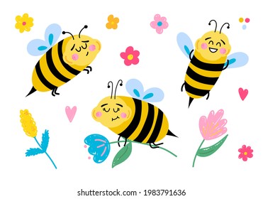 Vector illustration with cute cartoon bees and flowers on a white background. Children's illustration with bees for stickers, posters, postcards, packaging, clothing.