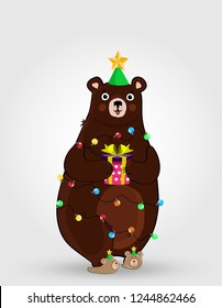 Vector illustration of cute cartoon bewar character in funny hat and garland lights holding festive gift box isolated on white background. Christmas, new year clip art, element for greeting card.
