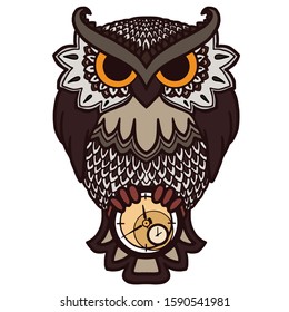 Vector illustration. Cute cartoon bird. Owl with a clock in its paws. Occult illustration. Original print for halloween stuff. Isolated on white. Stock illustration.