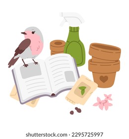 Ilustración vectorial de un lindo pájaro caricaturista en un libro con macetas de flores, semillas 