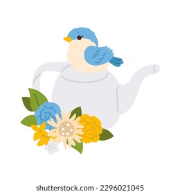 Vector illustration of cute cartoon bird on watering can with flowers