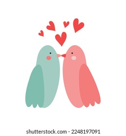 Vector illustration of cute cartoon birds in love character with red hearts for love and relationship concept design