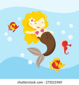 A vector illustration of a cute cartoon blonde little mermaid and her sea creature friends.