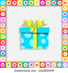 Vector illustration of cute cartoon blue gift box wrapped with festive ribbon framed with heart border isolated. Present icon, anniversary logo, wedding, valentine greeting card, sticker, clip art.