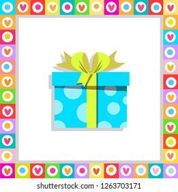 Vector illustration of cute cartoon blue gift box wrapped with festive bow framed with heart frame isolated. Present icon, anniversary logo, wedding, birthday, christmas, new year postcard clip art.
